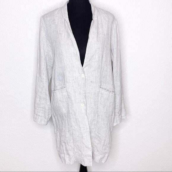 Eileen Fisher white navy windowpane plaid long linen jacket size Medium - Picture 1 of 14